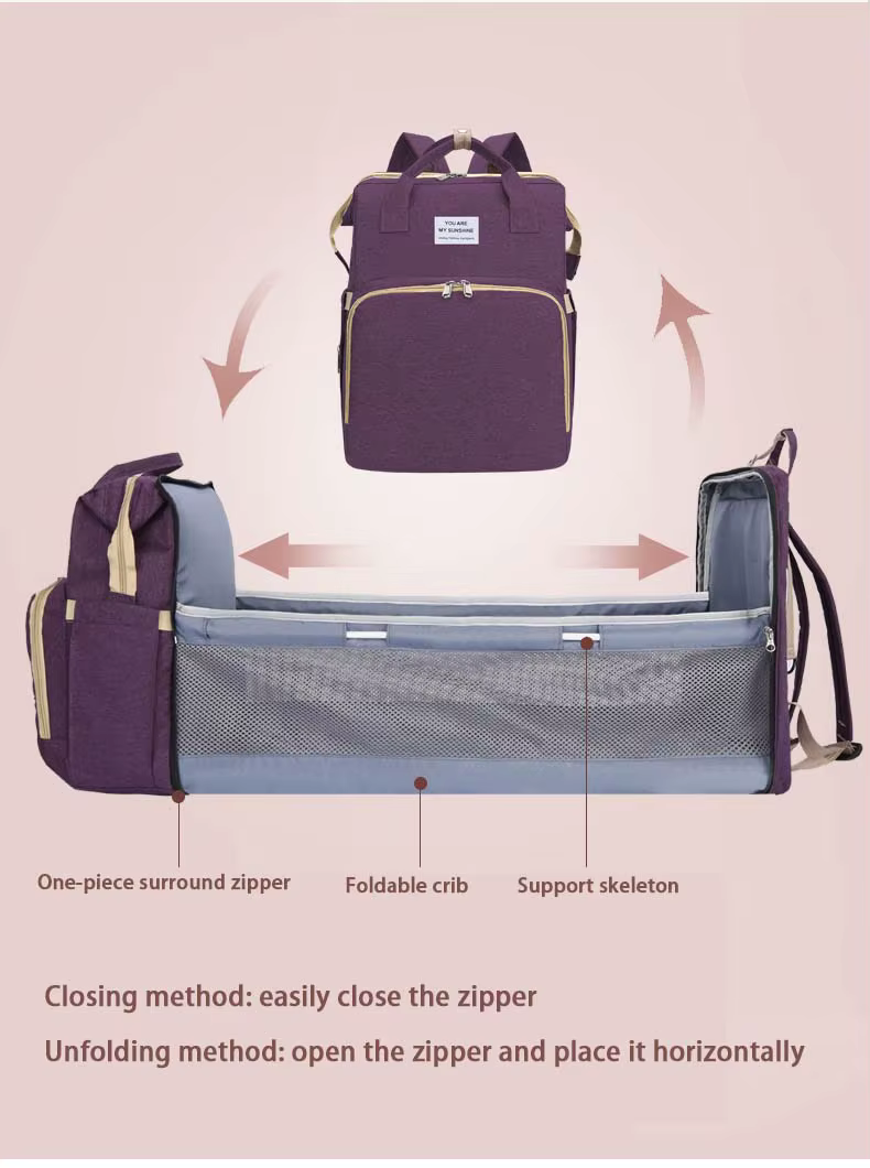 Diaper Bag Backpack, Multifunction Baby Bag, Foldable Crib, Insulation Milk Bottle Pocket, Waterproof Large Capacity Travel Bag, Gift for Mom Dad