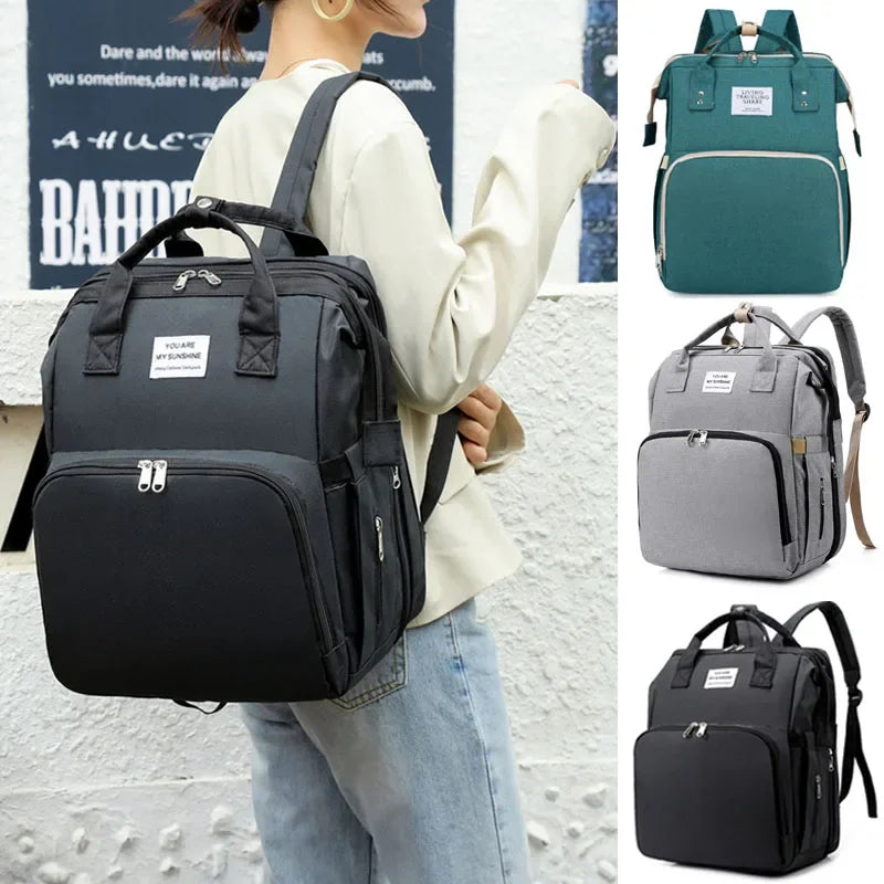Diaper Bag Backpack, Multifunction Baby Bag, Foldable Crib, Insulation Milk Bottle Pocket, Waterproof Large Capacity Travel Bag, Gift for Mom Dad