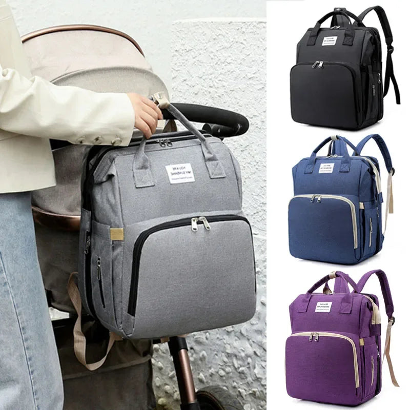 Diaper Bag Backpack, Multifunction Baby Bag, Foldable Crib, Insulation Milk Bottle Pocket, Waterproof Large Capacity Travel Bag, Gift for Mom Dad